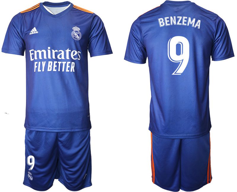 Men 2021-2022 Club Real Madrid away blue #9 Adidas Soccer Jersey->real madrid jersey->Soccer Club Jersey
